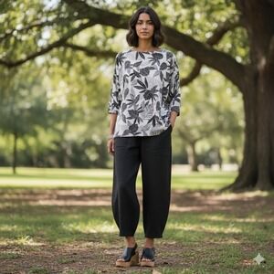 Bryn Walker Tunic Top S‎ Lagenlook Artsy Boxy Botanical Leaf Print Cotton USA